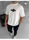 Unisex Bisiklet Yaka Baskılı Double Oversize T-Shirt - Beyaz