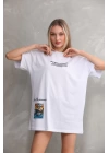 Unisex Bisiklet Yaka Baskılı Oversize T-Shirt - Beyaz