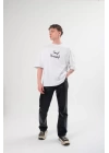 Unisex Bisiklet Yaka Baskılı Oversize T-Shirt - Beyaz