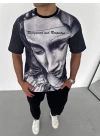 Unisex Bisiklet Yaka Baskılı Oversize T-Shirt - Beyaz