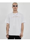 Unisex Bisiklet Yaka Baskılı Oversize T-Shirt - Beyaz