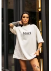 Unisex Bisiklet Yaka Baskılı Oversize T-Shirt - Beyaz