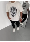 Unisex Bisiklet Yaka Baskılı Oversize T-Shirt - Beyaz