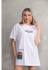 Unisex Bisiklet Yaka Baskılı Oversize T-Shirt - Beyaz