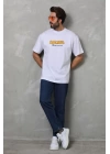 Unisex Bisiklet Yaka Baskılı Oversize T-Shirt - Beyaz