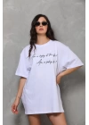 Unisex Bisiklet Yaka Baskılı Oversize T-Shirt - Beyaz