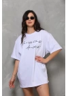 Unisex Bisiklet Yaka Baskılı Oversize T-Shirt - Beyaz