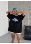 Unisex Bisiklet Yaka Baskılı Oversize T-Shirt - Siyah