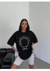 Unisex Bisiklet Yaka Baskılı Oversize T-Shirt - Siyah