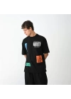 Unisex Bisiklet Yaka Baskılı Oversize T-Shirt - Siyah