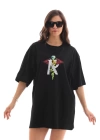 Unisex Bisiklet Yaka Baskılı Oversize T-Shirt - Siyah