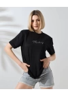 Unisex Bisiklet Yaka Baskılı Slim Fit T-Shirt - Siyah