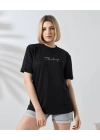 Unisex Bisiklet Yaka Baskılı Slim Fit T-Shirt - Siyah