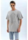 Unisex Oversize Taşlı Bisiklet Yaka T-Shirt - Gri