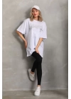 Unisex Taş Desenli Oversize T-Shirt - Beyaz