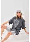 Unisex Taş Desenli Oversize T-Shirt - Füme