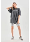 Unisex Taş Desenli Oversize T-Shirt - Füme