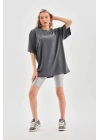 Unisex Taş Desenli Oversize T-Shirt - Füme