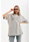 Unisex Taş Desenli Oversize T-Shirt - Gri