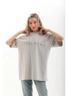 Unisex Taş Desenli Oversize T-Shirt - Gri