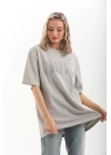 Unisex Taş Desenli Oversize T-Shirt - Gri