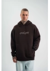 Unisex Üç İplik Kapşonlu Nakışlı SweatShirt - Kahve