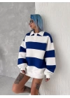 Unisex Üç İplik Parçalı Yakalı SweatShirt - Mavi