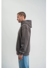 Unisex Uzun Kol Kapşonlu Yıkamalı Nakışlı SweatShirt - Füme