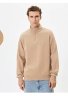 Unisex Uzun Kol Yarım Farmuarlı Yakalı Basic SweatShirt - Bej