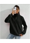 Unisex Uzun Kol Yarım Farmuarlı Yakalı Basic SweatShirt - Siyah