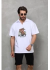 Unisex Yarım Fermuarlı Oversize Baskılı T-Shirt - Beyaz