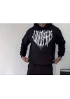 Uzun Kol Kapüşonlu Baskılı SweatShirt - Siyah