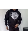 Uzun Kol Kapüşonlu Baskılı SweatShirt - Siyah