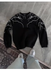 Yıldırım Baskılı Bisiklet Yaka SweatShirt - Siyah