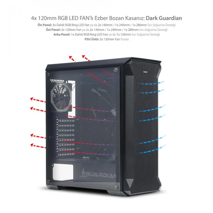 Dark GUARDIAN ATX Oyuncu Kasası 4x12cm Dual RGB Fan USB 3.0 Tempered Glass