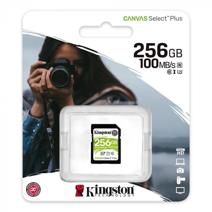 Kingston Canvas Select Plus 256GB SDXC 100MB/s U3 V30 Hafıza Kartı