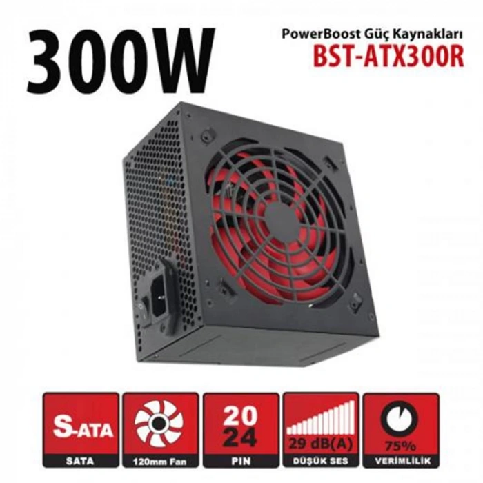 PowerBoost BST-ATX300R 300W PPFC 12cm Kırmızı Fanlı ATX PSU