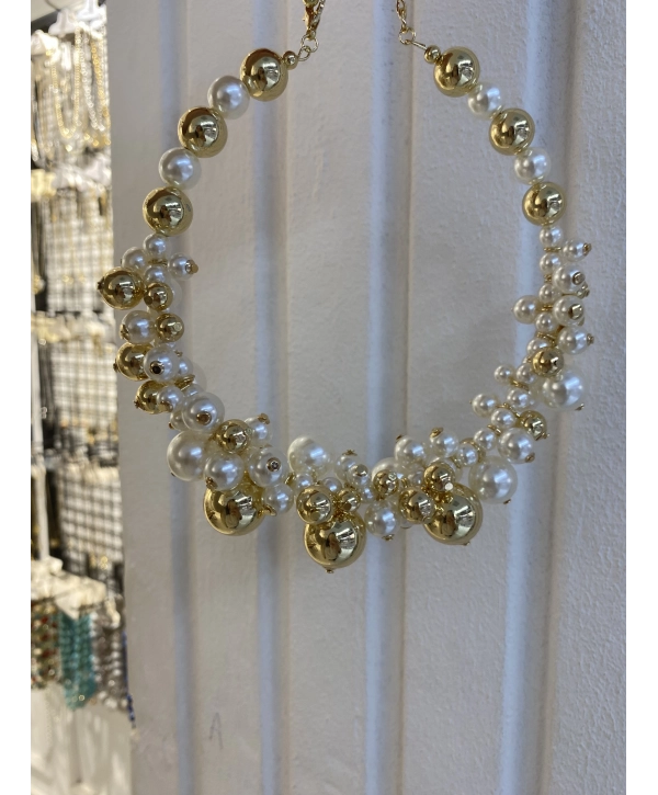 Özel Seri Gold Boncuk ve İnci Boncuk Detay Sıralı Choker Kolye