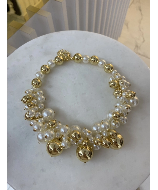 Özel Seri Gold Boncuk ve İnci Boncuk Detay Sıralı Choker Kolye