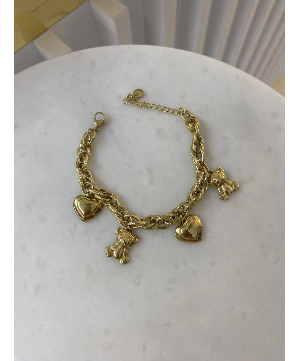 Çelik Sallantılı Kalp ve Ayıcık Figür Bileklik