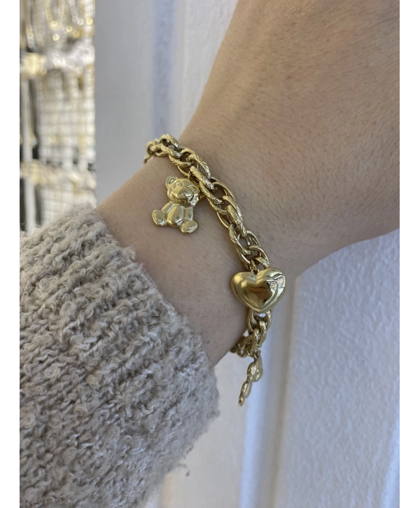 Çelik Sallantılı Kalp ve Ayıcık Figür Bileklik