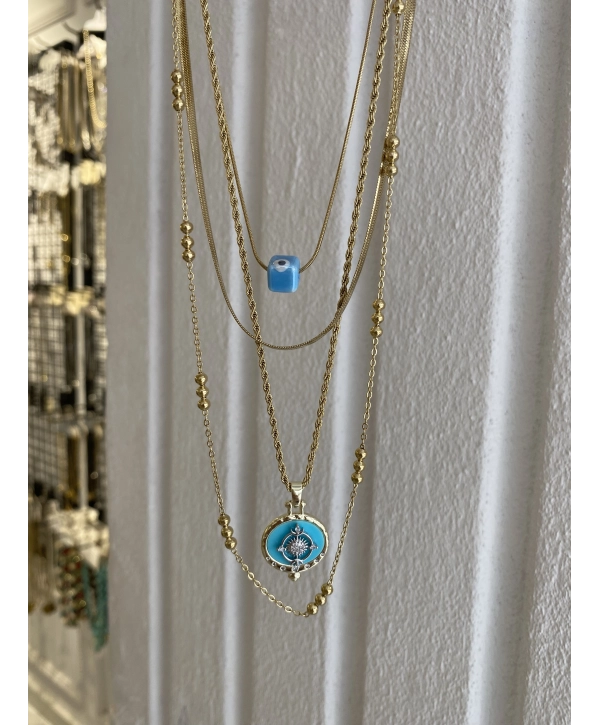 Çelik Nazar Boncuk Detay Dörtlü Set Kolye