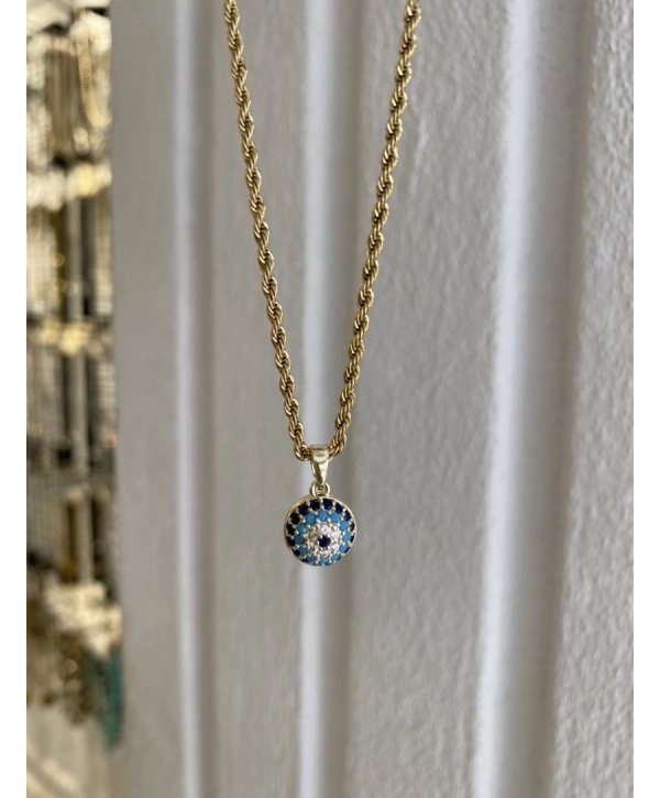 Çelik Burgu Zincir Üzeri Nazar Boncuk Kolye