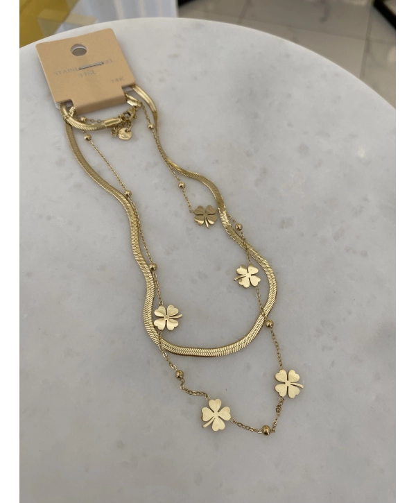 Çelik İtalyan Zincir Detay İkili Yonca Kolye