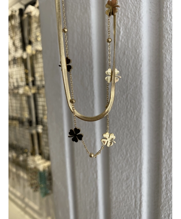 Çelik İtalyan Zincir Detay İkili Yonca Kolye