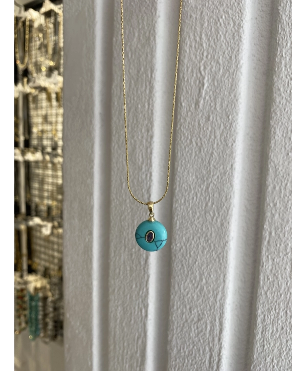 Çelik Firuze Taş Ortası Oval Taş Detay Kolye