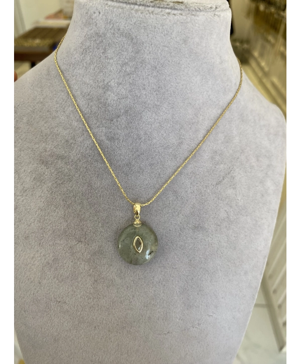 Çelik Su Yeşil Taş Ortası Oval Taş Detay Kolye