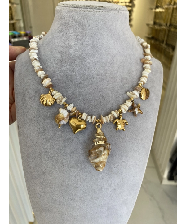 Çelik Sıralı Boncuk Deniz Kabuğu Detay Çharm Kolye