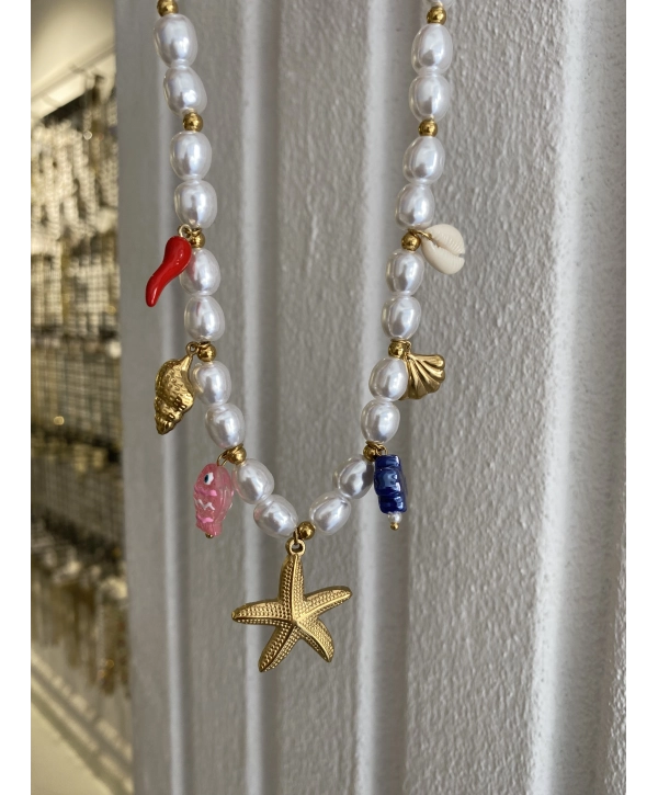 Çelik Sıralı İnci Boncuk Deniz Yıldız Detay Çharm Kolye