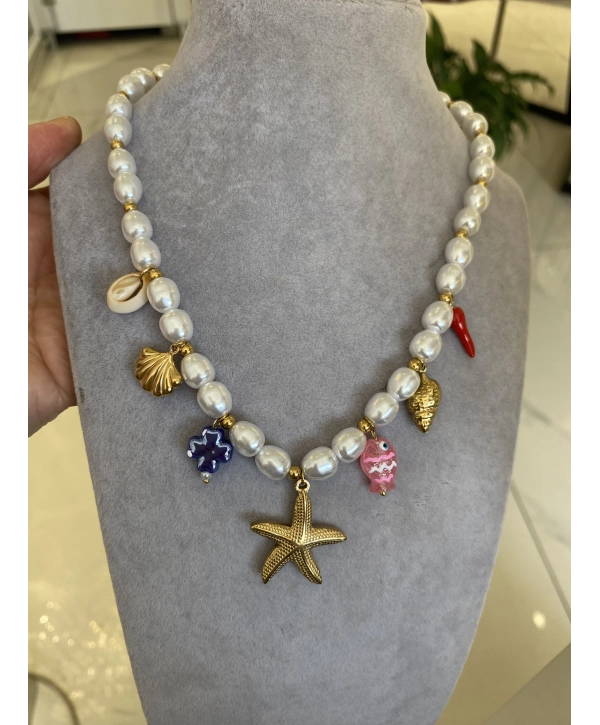 Çelik Sıralı İnci Boncuk Deniz Yıldız Detay Çharm Kolye